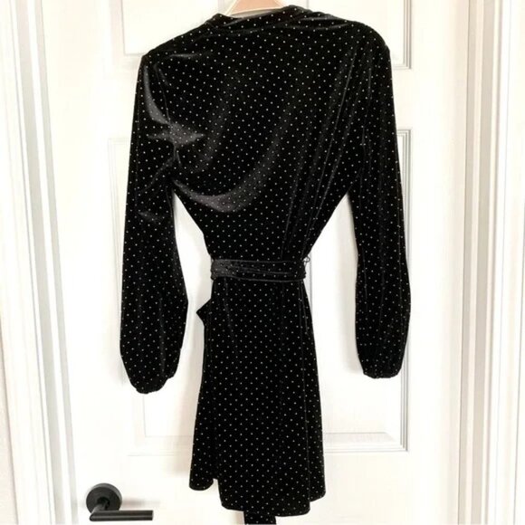 ZARA Black Velvet Shirt Dress With Tie-Waist and Tiny Gold Metal Grommets - Picture 7 of 11